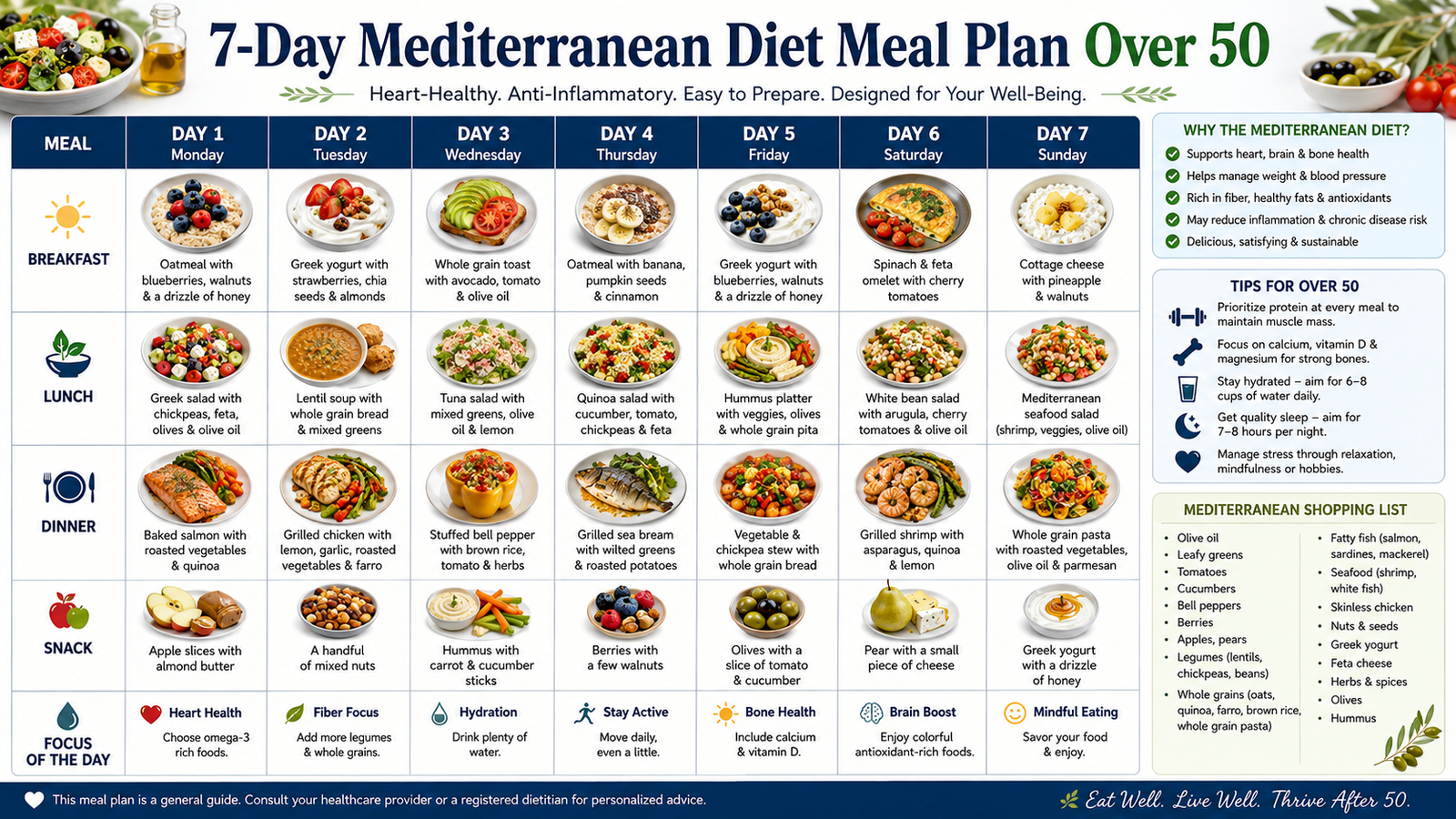 Infographic showing a complete seven-day Mediterranean diet meal plan for adults over fifty with breakfast, lunch, dinner, snacks, and healthy eating tips