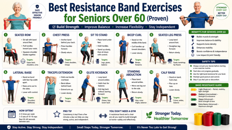 Infographic showing the best resistance band exercises for seniors over sixty, including seated rows, leg presses, curls, and balance exercises with safety tips.
