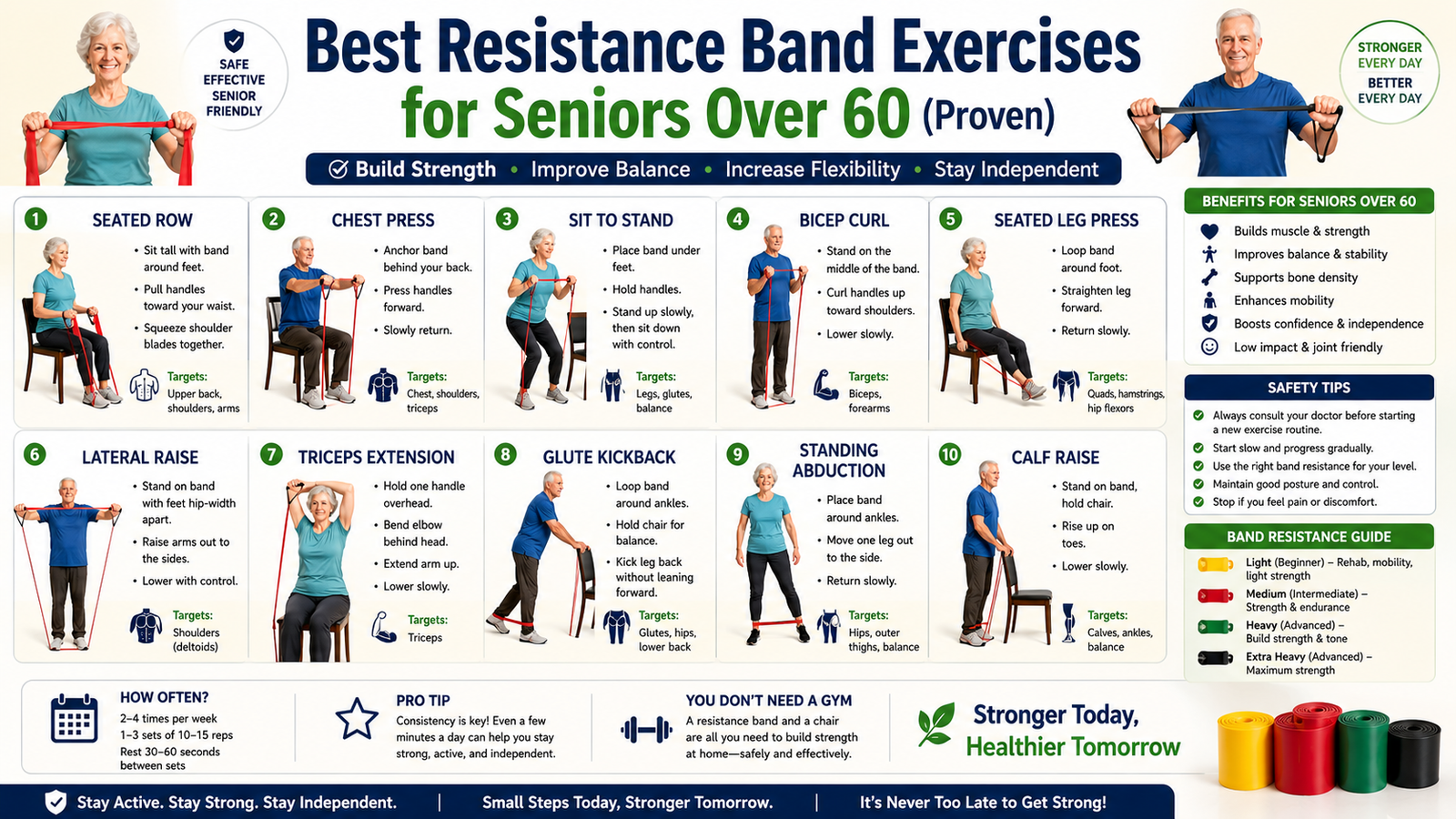 Infographic showing the best resistance band exercises for seniors over sixty, including seated rows, leg presses, curls, and balance exercises with safety tips.